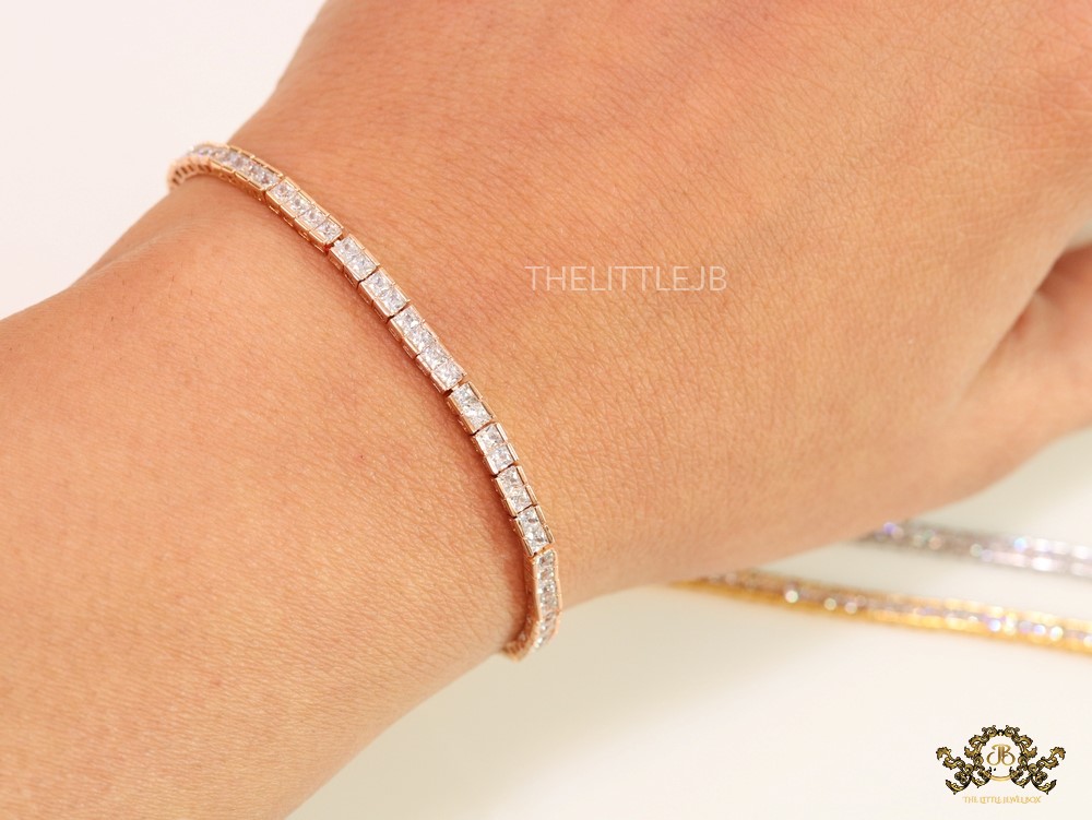 Single line cz baguette bracelet in rose gold finish
