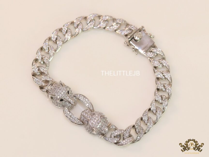 Mens platinum plated cuban chain bracelet with cz panther motif 