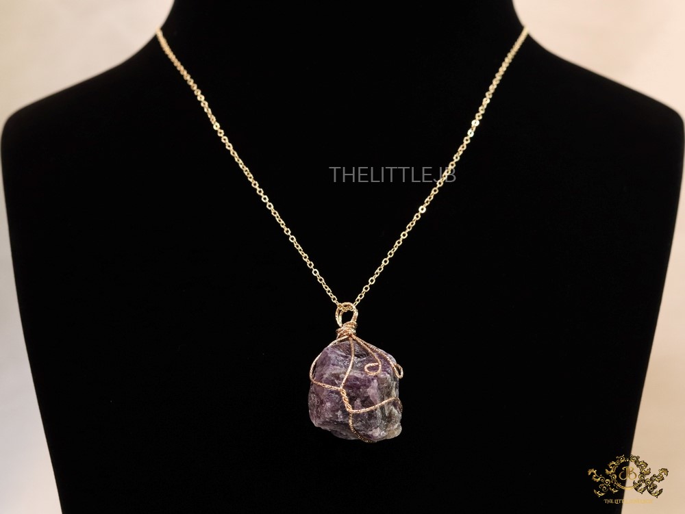 Platinum chain necklace with natural crystal rock amethyst