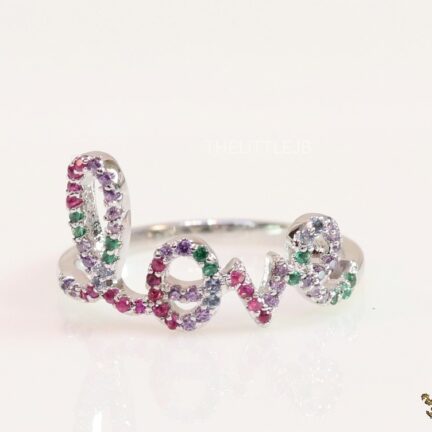 Multicoloured CZ ‘love’ ring in platinum finish