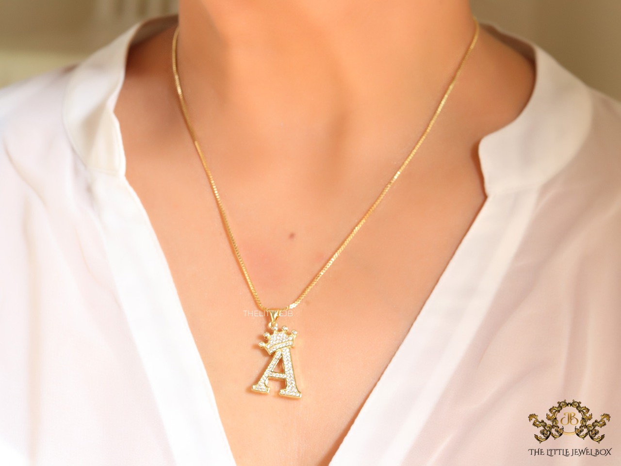 Personalized crown initial A necklace in cz gold plating