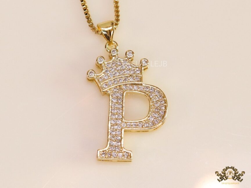 Personalized crown initial P necklace in cz gold plating