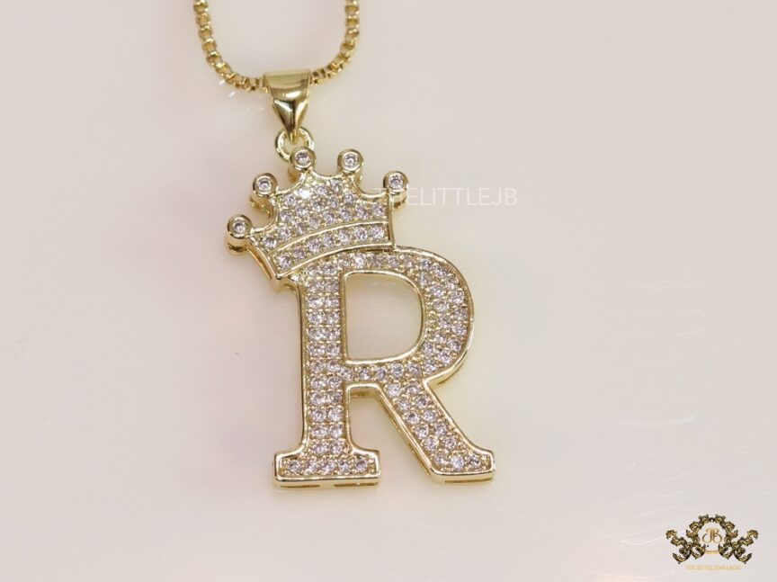 Personalized crown initial R necklace in cz gold plating