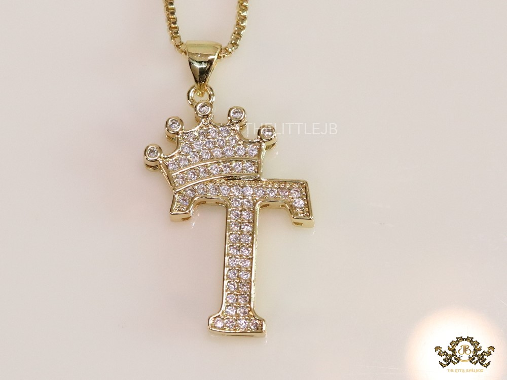 Personalized crown initial T necklace in cz gold plating