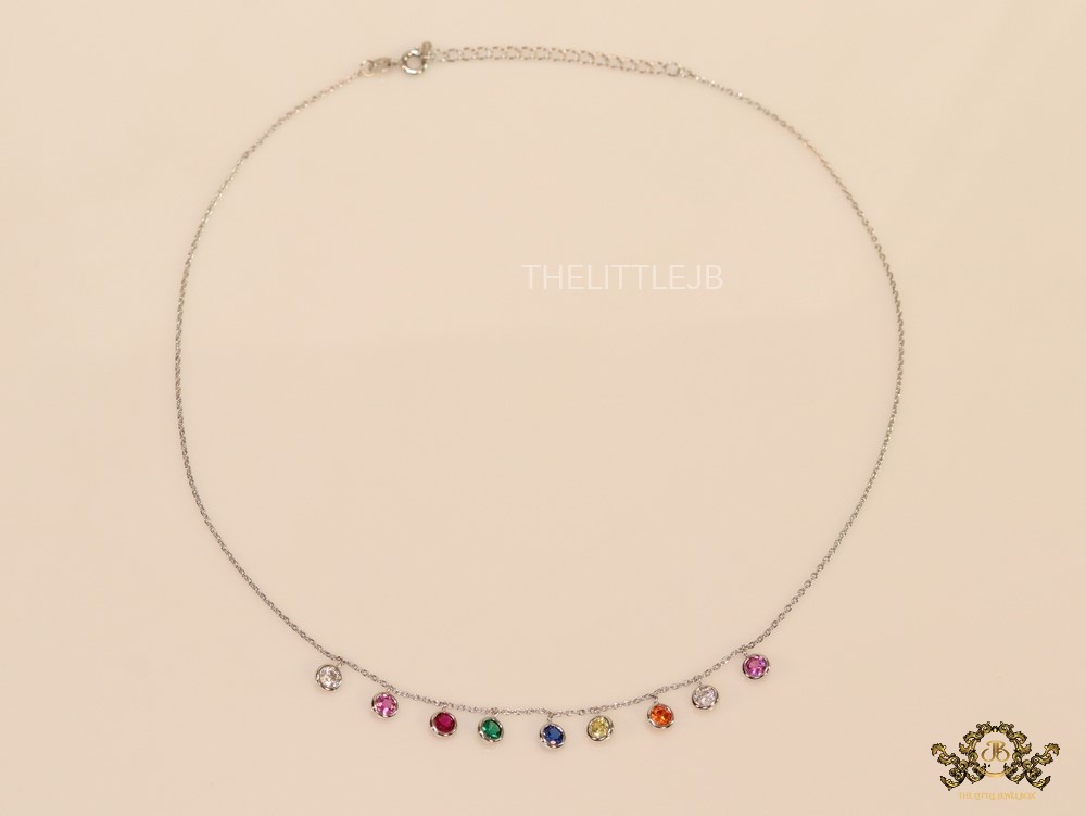 Platinum plated chain with multi coloured cz charms