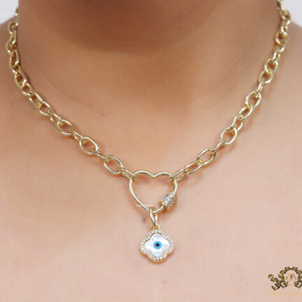 Gold plated link chain necklace with heart shaped lock and evil eye clover pendant