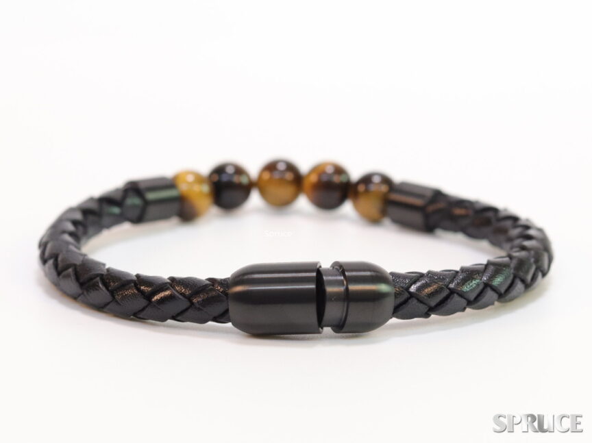 Black leather bracelet with natural tiger eye stones