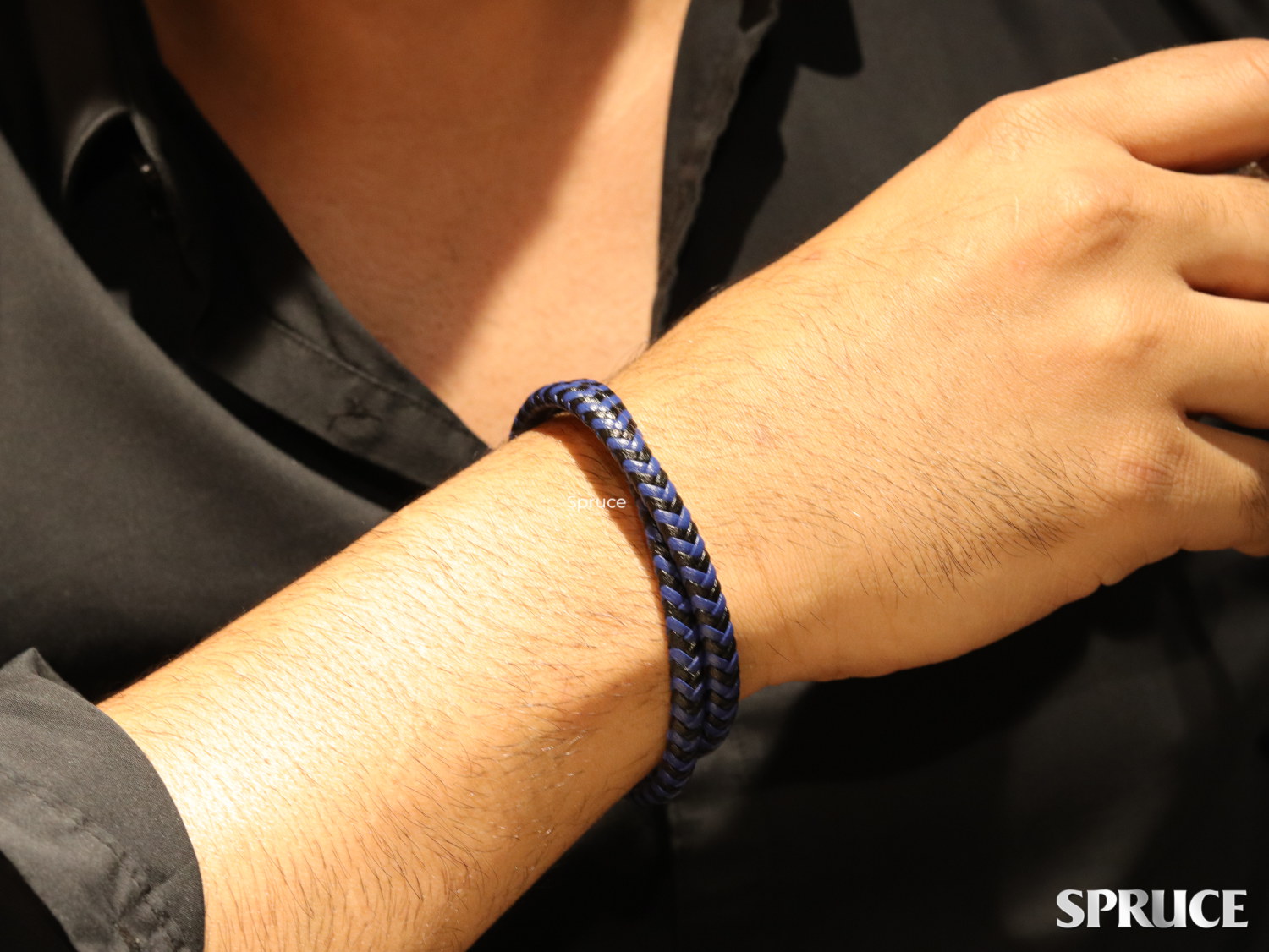 Two layered black and blue leather bracelet with silver clasp
