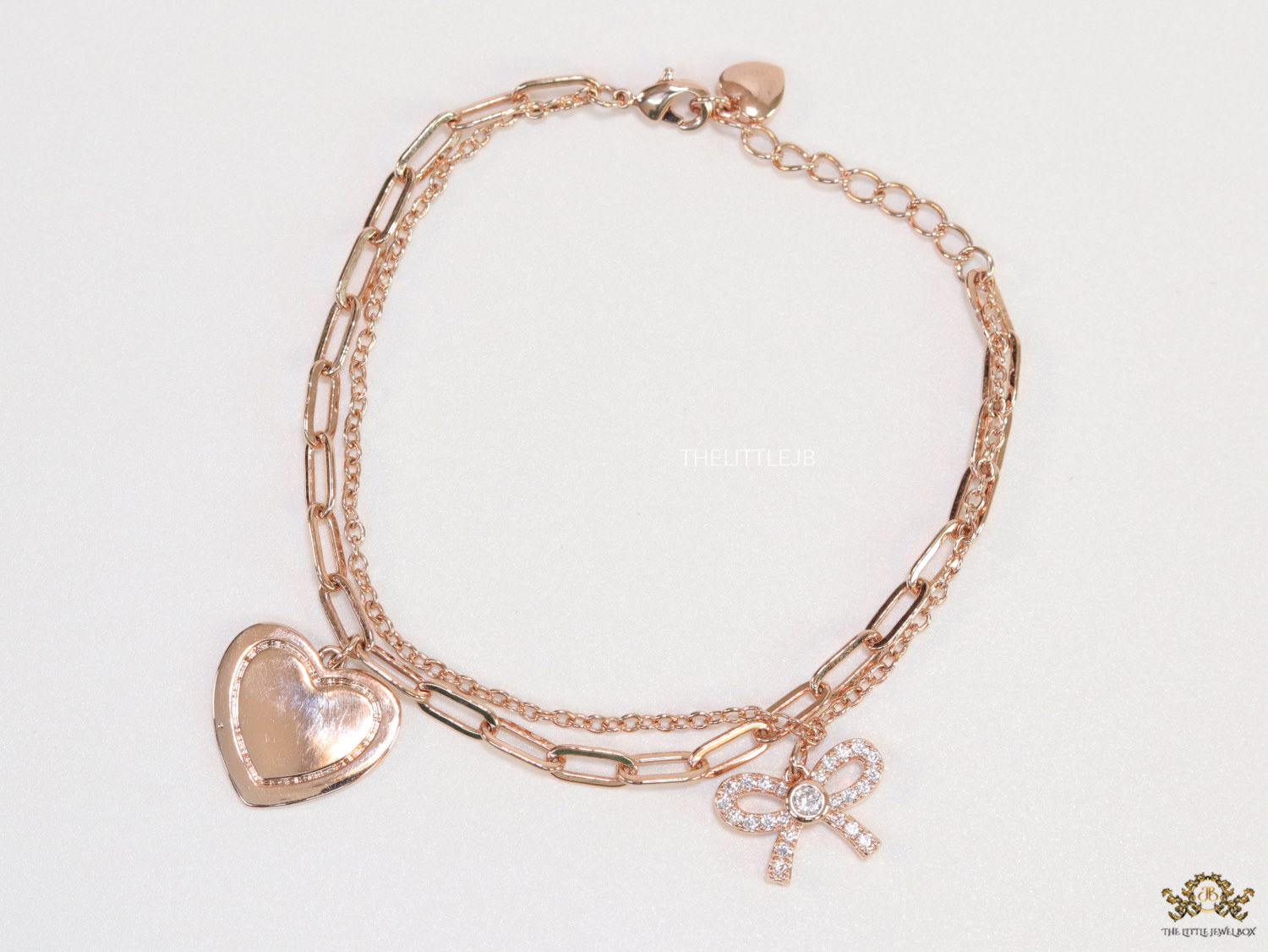 Dual chain rose gold bracelet with heart and bow - Image 4