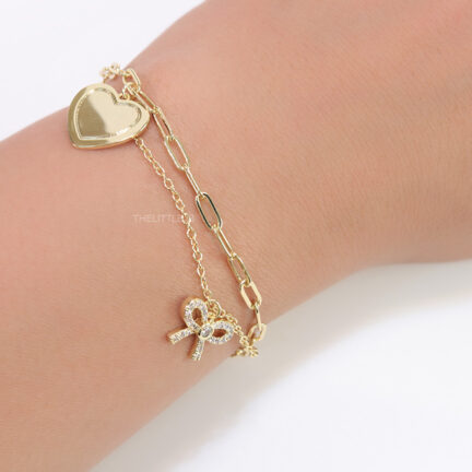 b16 Dual chain golden bracelet with heart and bow