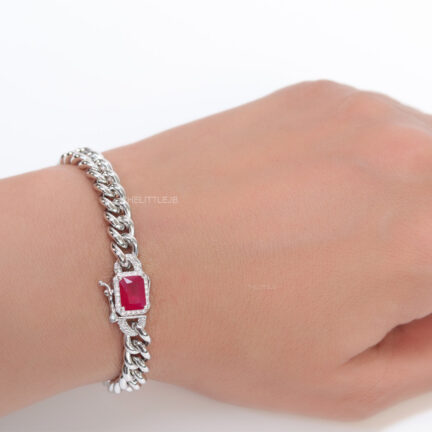 b5 Platinum link chain bracelet with ruby red stone and cz