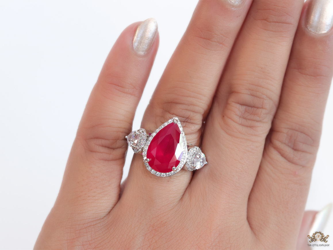 Drop shaped ruby red stone open ring with cz – The Little Jewel Box