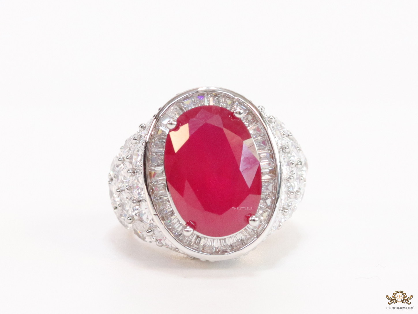 Platinum plated cz open ring with oval ruby red stone - Image 4