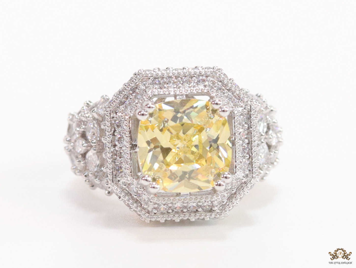Platinum plated cz open ring with topaz yellow stone - Image 4