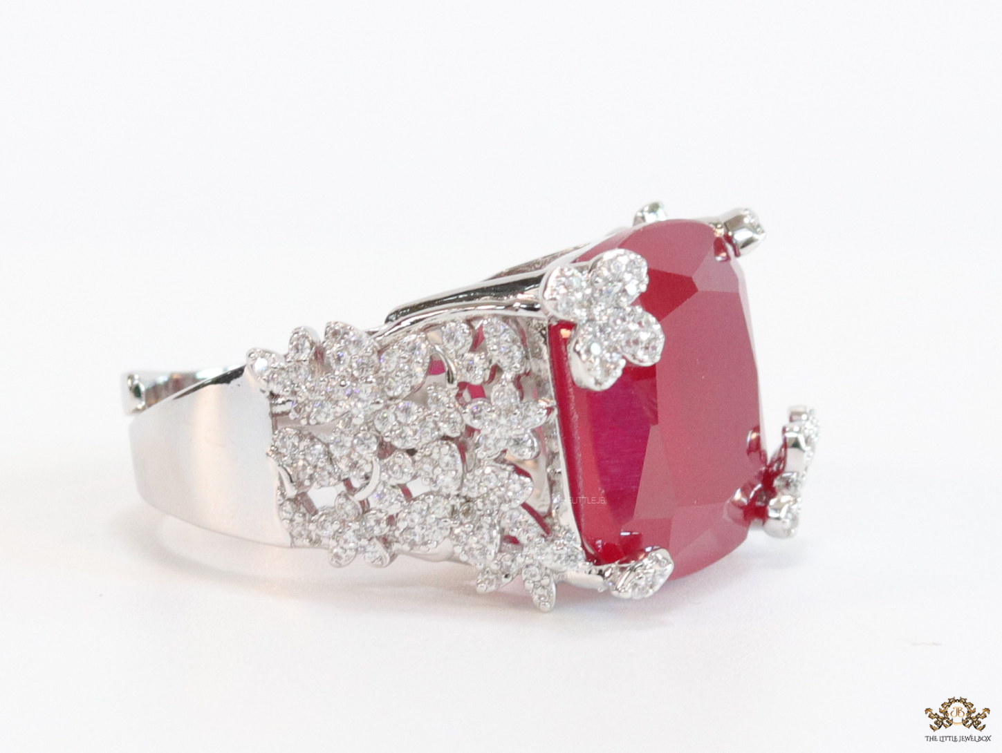 Ruby red stone platinum plated open ring with cz - Image 3