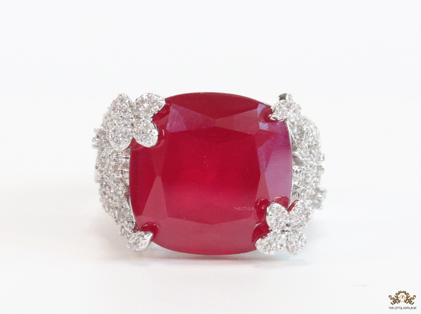 Ruby red stone platinum plated open ring with cz - Image 4