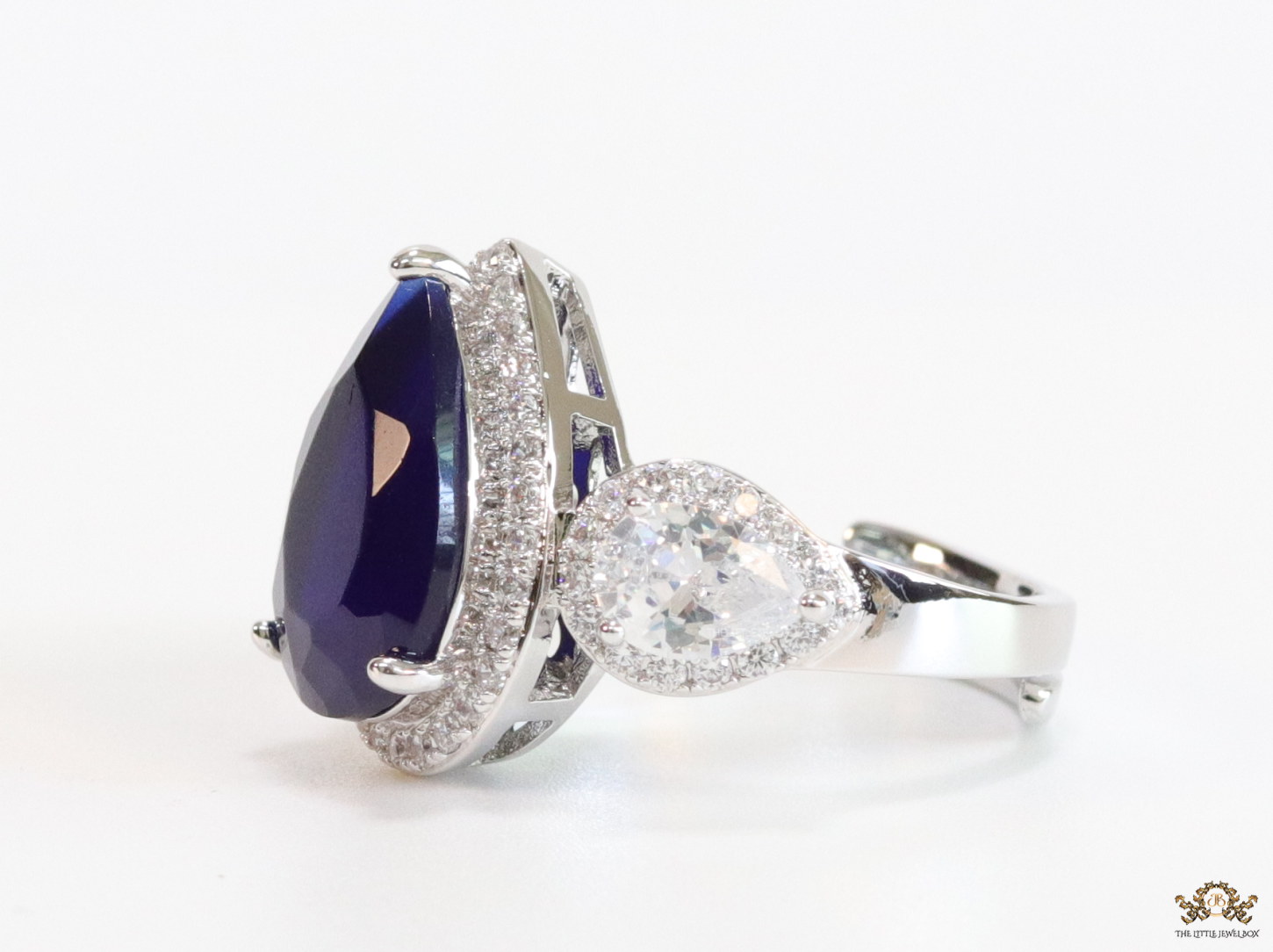 Drop shaped sapphire blue stone open ring with cz - Image 3