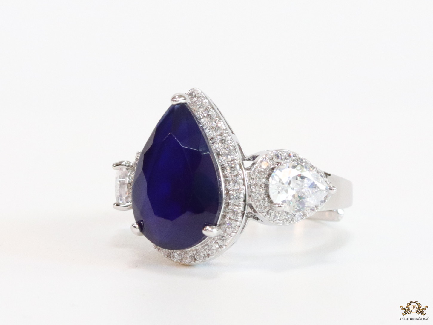 Drop shaped sapphire blue stone open ring with cz - Image 2