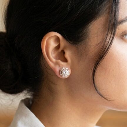 Flower shaped cz stud earrings in rose gold with detachable solitaire tops