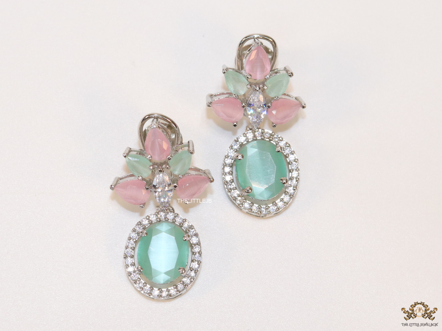 Mint green and pink stone cz drop earrings – The Little Jewel Box - Main Image