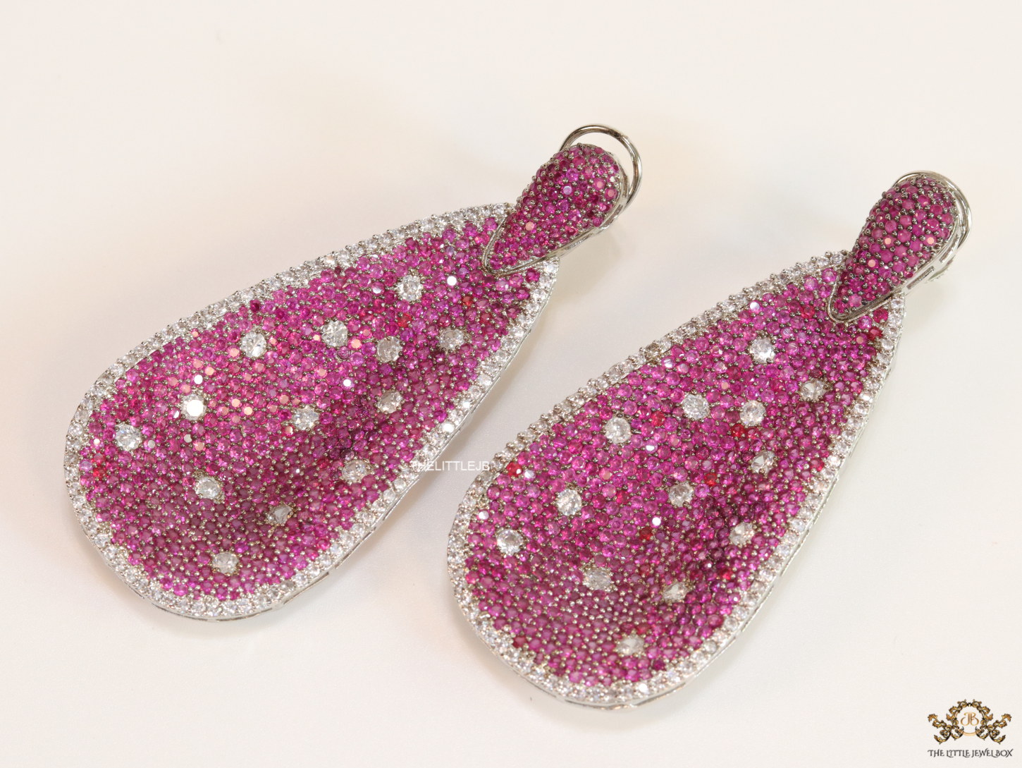 Long pink and white cz earrings in platinum finish - Image 2