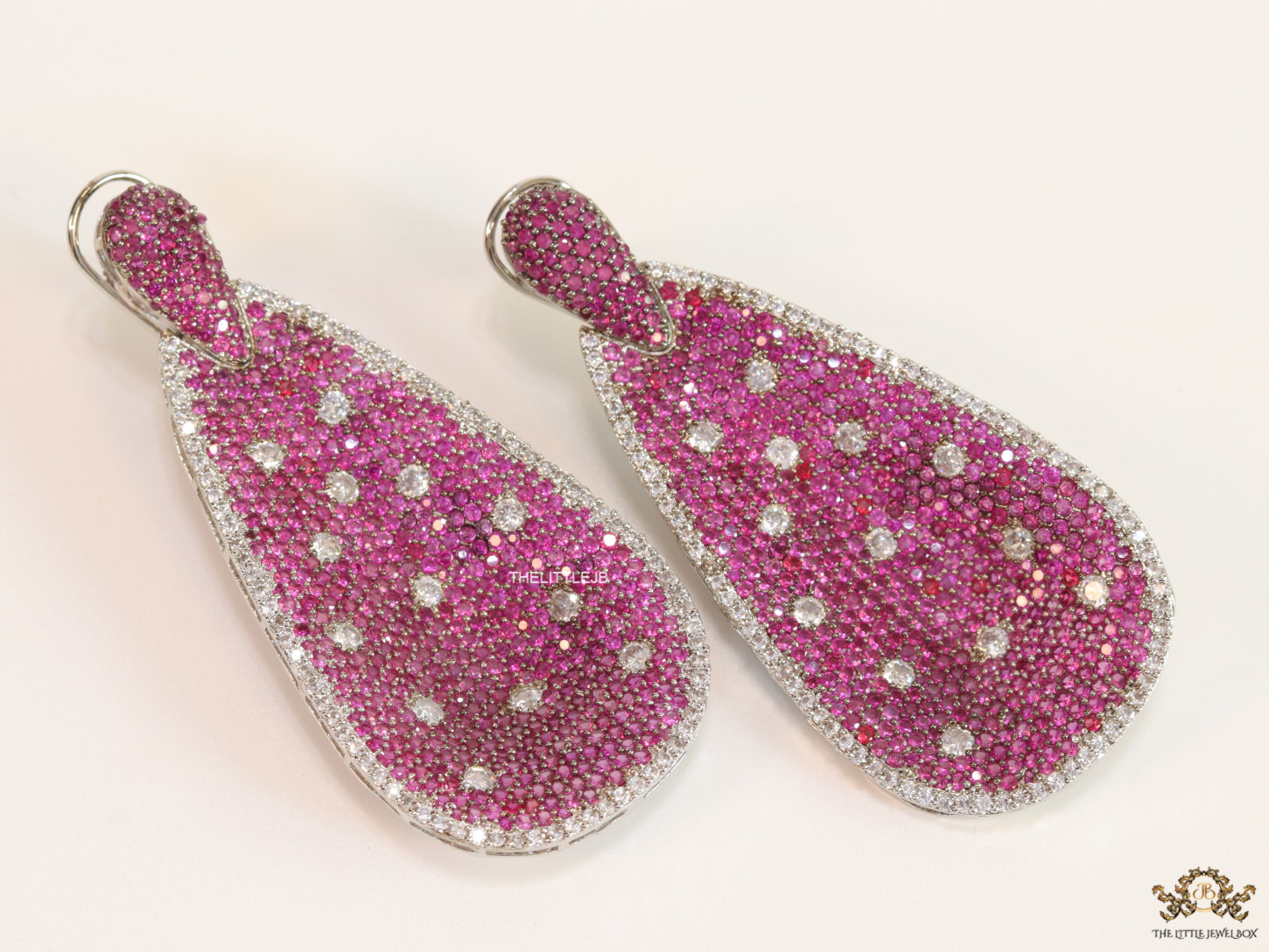 Long pink and white cz earrings in platinum finish - Image 3