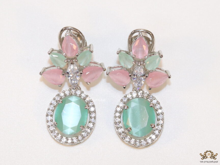 Mint green and pink stone cz drop earrings