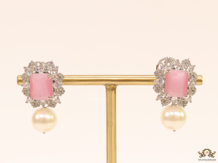 Light pink stone earrings with fancy cut cz and pearl drop 