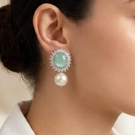 Mint green stone earrings with cz pointers and pearl drop