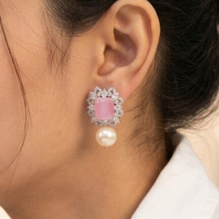 Light pink stone earrings with fancy cut cz and pearl drop