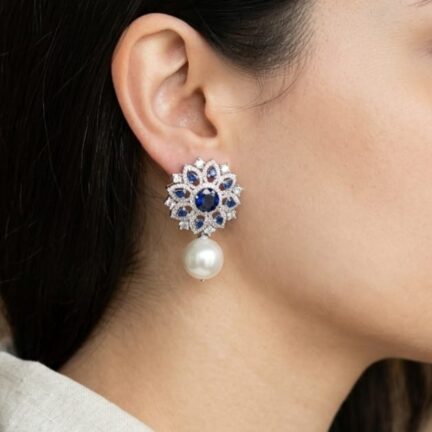 Sapphire blue stone and cz pearl drop earrings