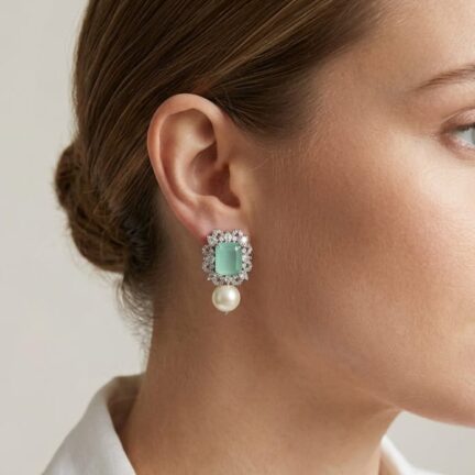 Mint green stone earrings with fancy cut cz and pearl drop