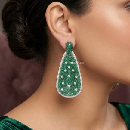 Long green and white cz earrings in platinum finish
