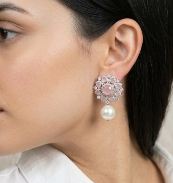 Light pink stone and cz pearl drop earrings