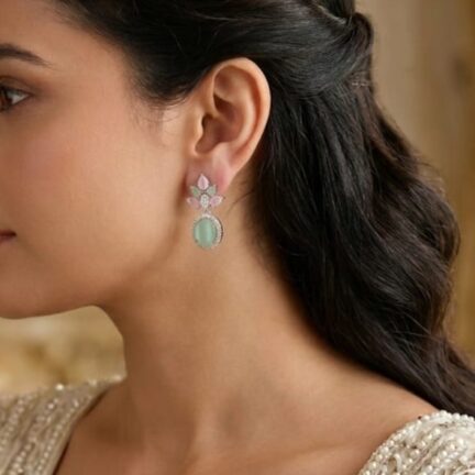 Mint green and pink stone cz drop earrings