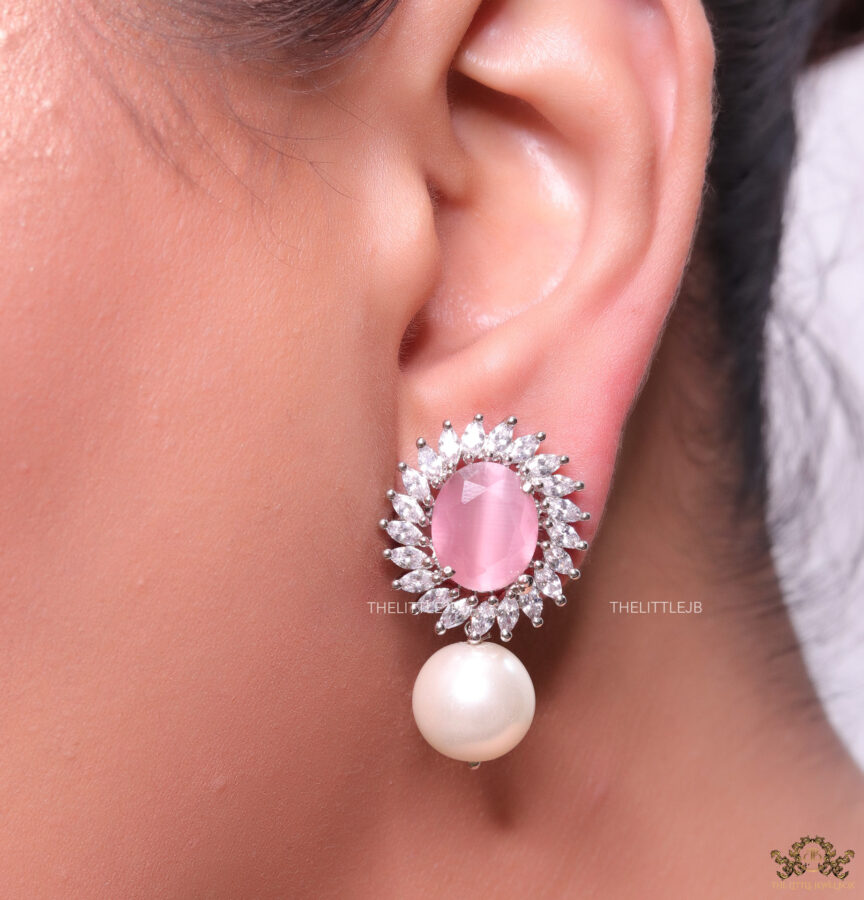 Light pink stone earrings with cz pointers and pearl drop -