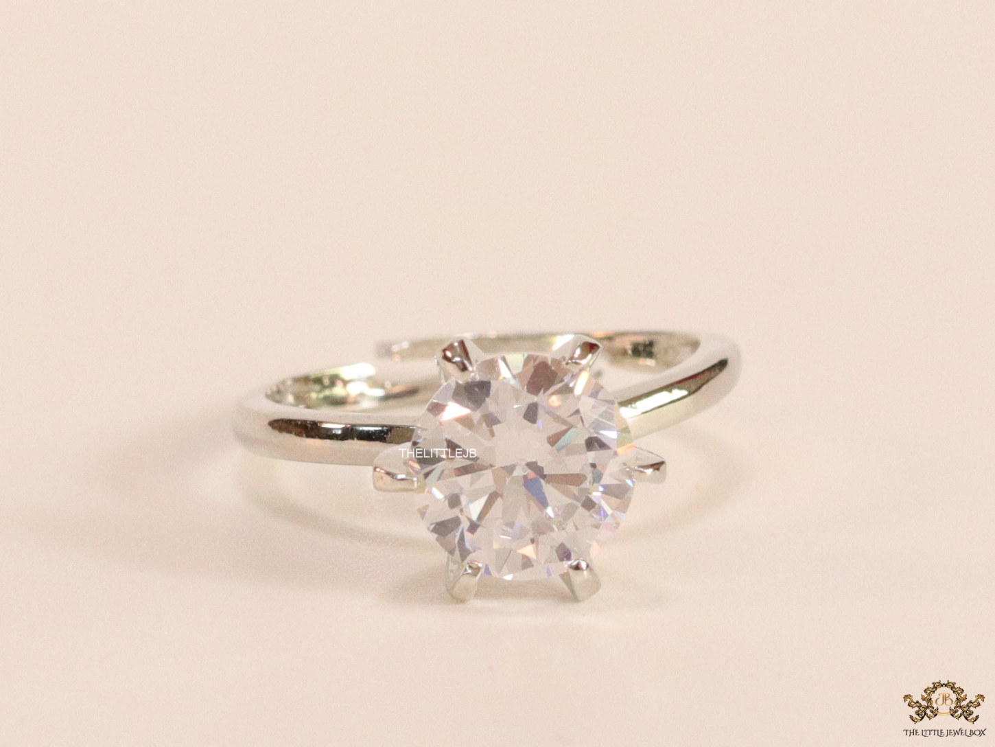 8mm Platinum plated cz solitaire adjustable ring - Image 2
