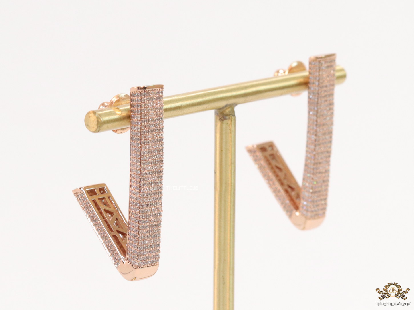 Rectangular bent screw back cz earrings in rose gold finish - Image 2