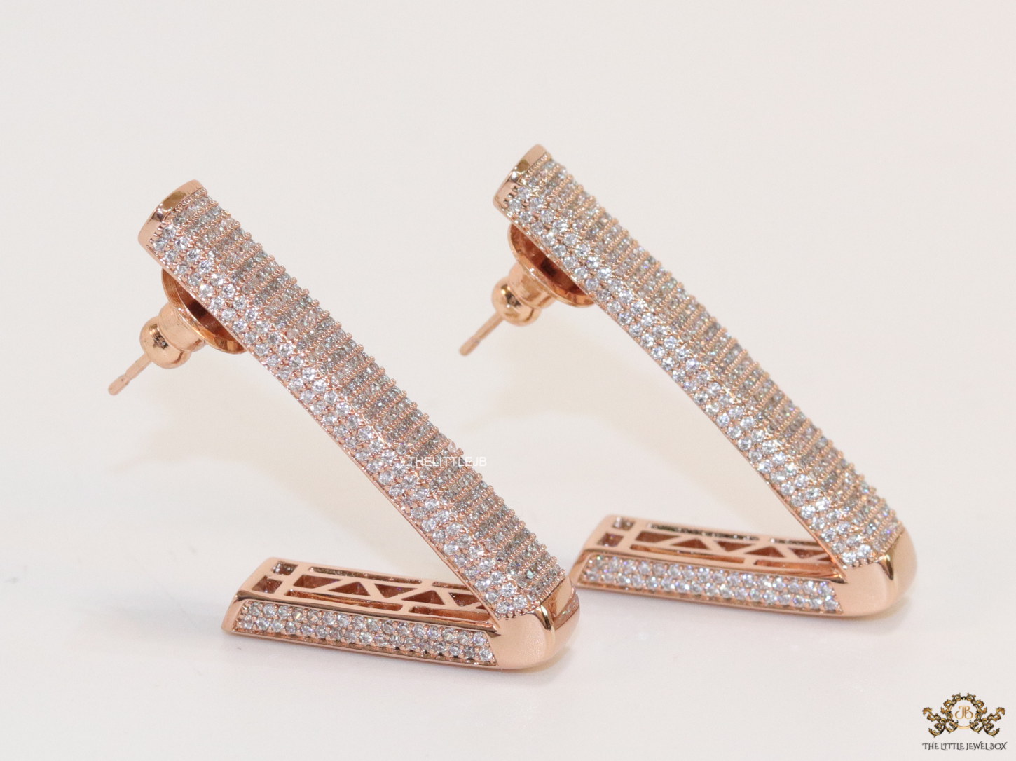Rectangular bent screw back cz earrings in rose gold finish - Image 5