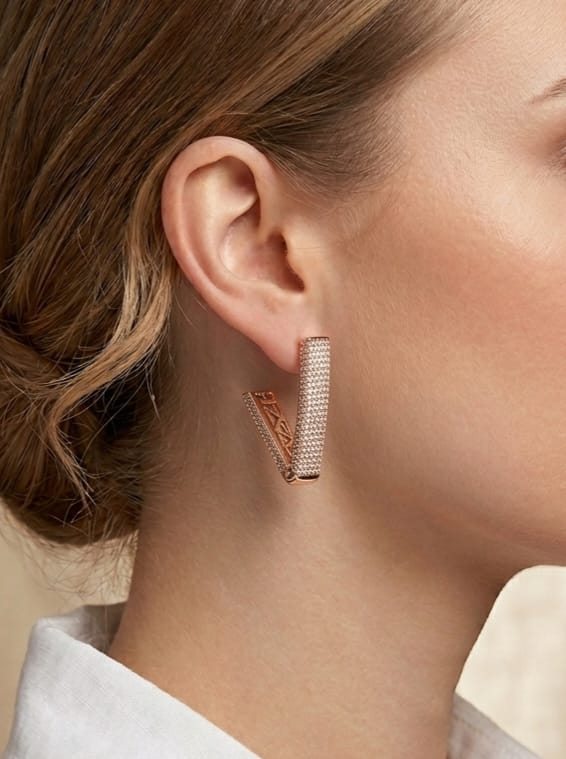 Rectangular bent screw back cz earrings in rose gold finish