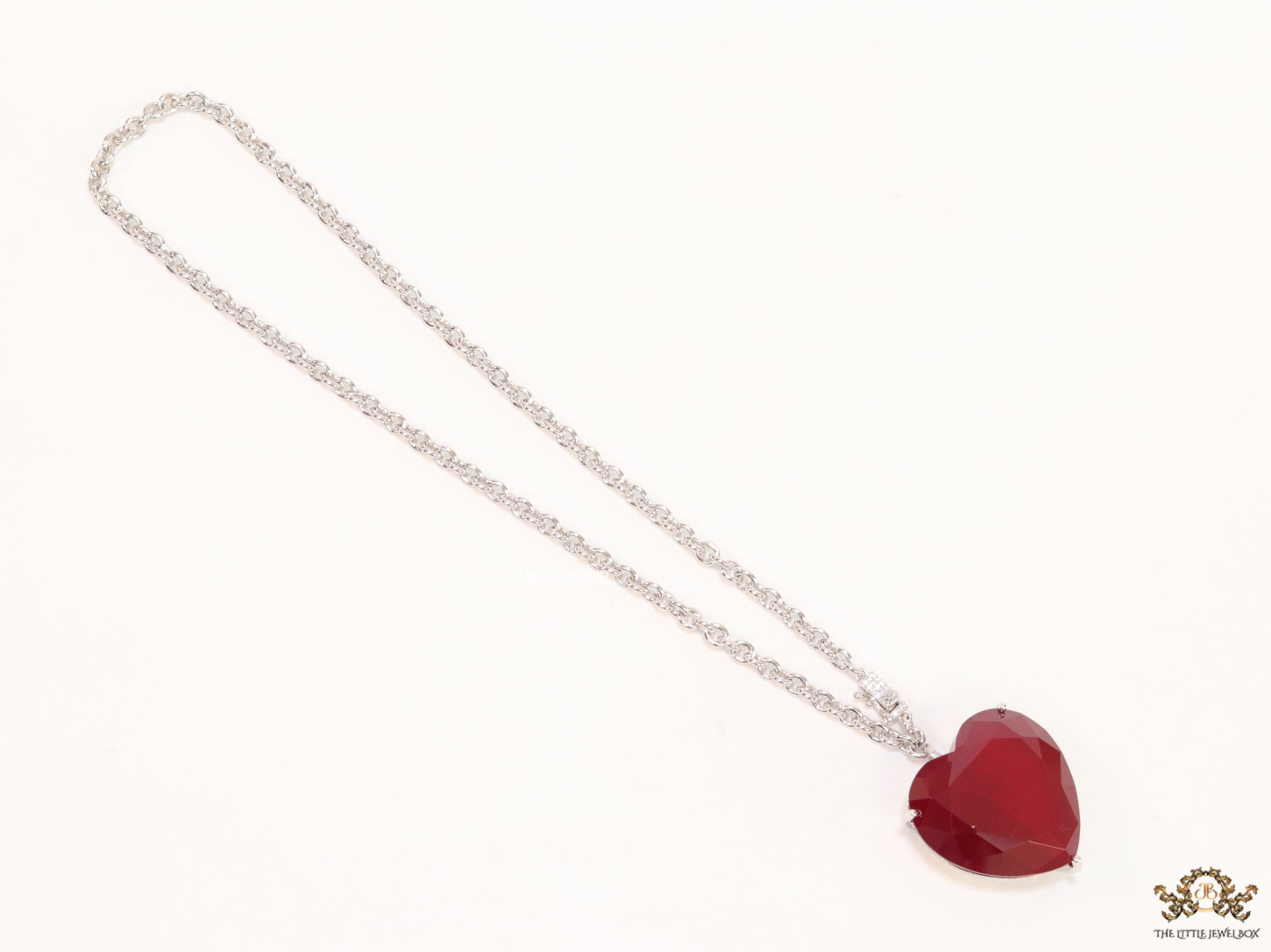 Platinum link chain necklace with Large 35 mm Ruby Heart shaped cz pendant - Image 2