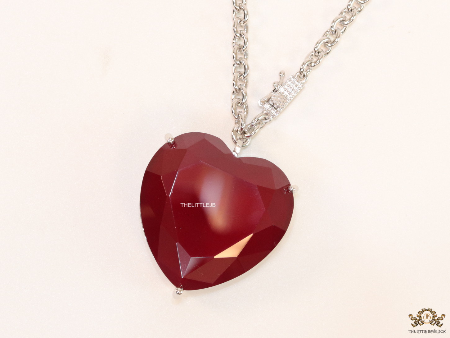 Platinum link chain necklace with Large 35 mm Ruby Heart shaped cz pendant - Image 4