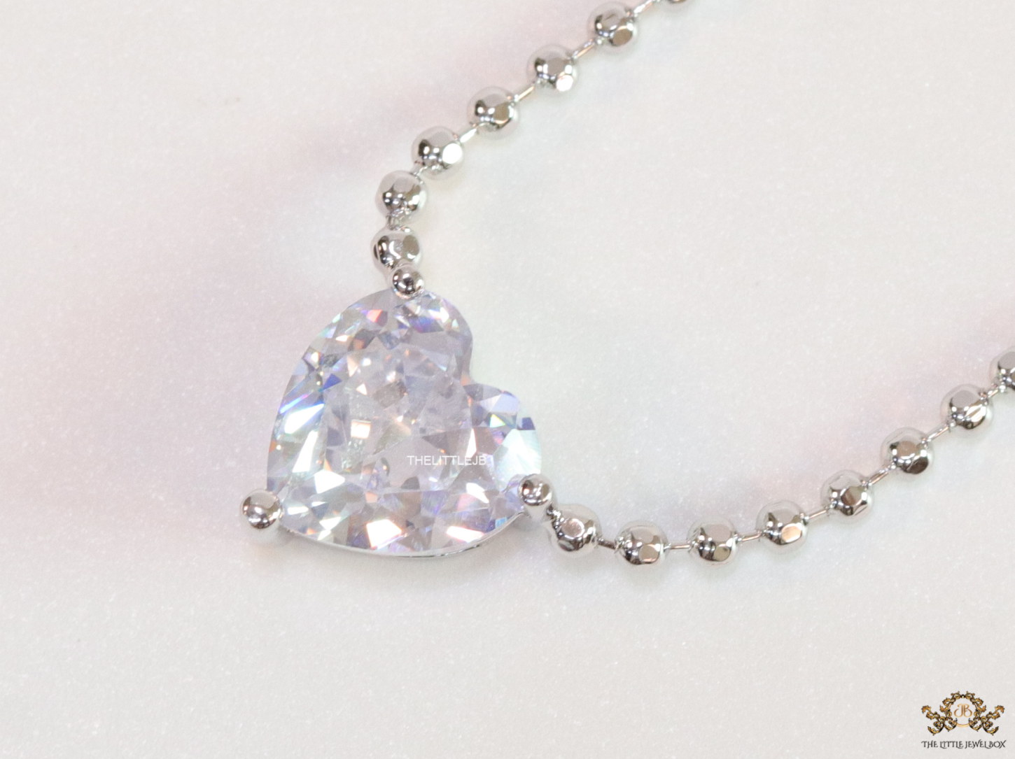 Platinum plated bead chain necklace with heart shape cz pendant - Image 2