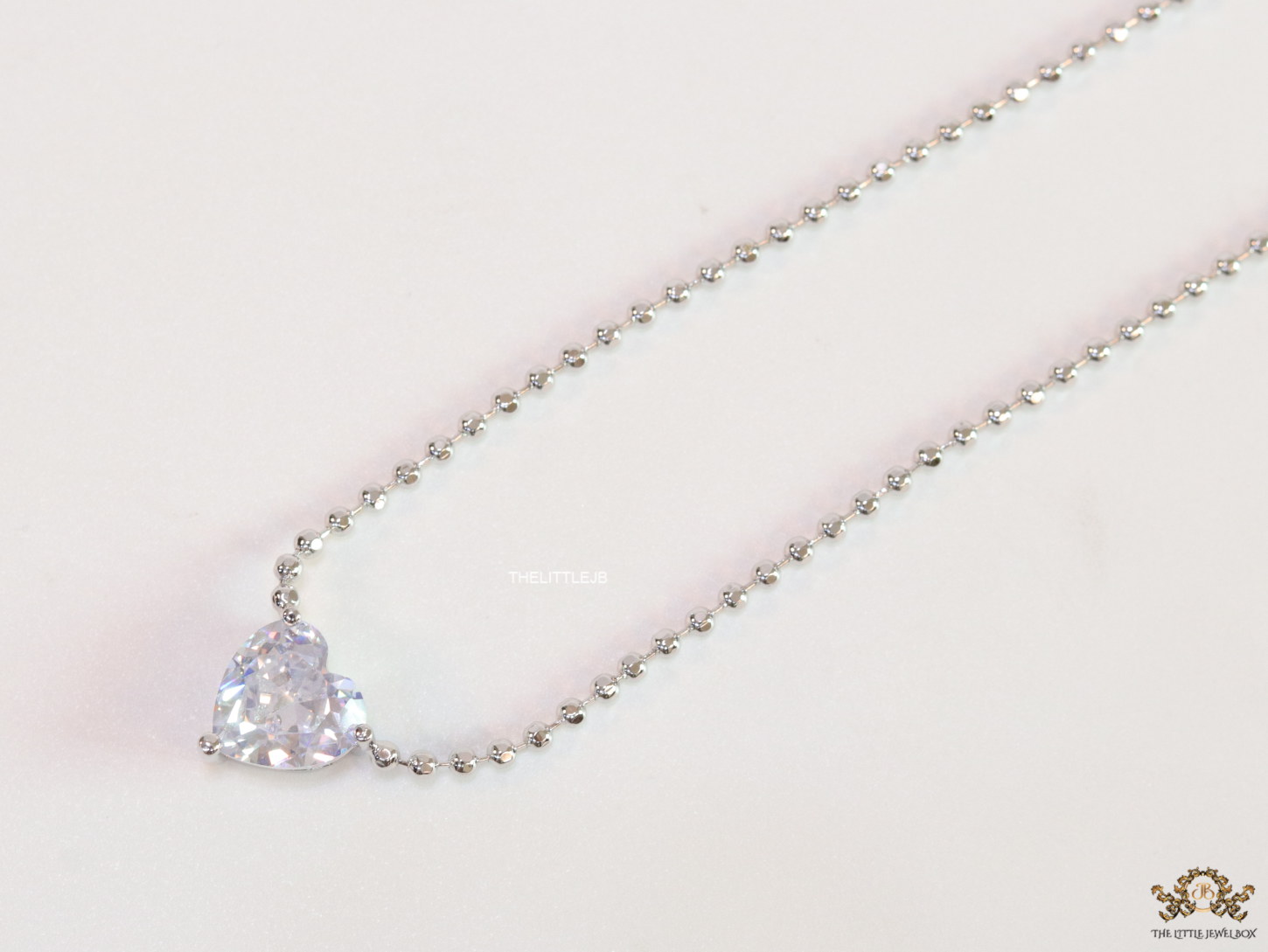 Platinum plated bead chain necklace with heart shape cz pendant - Image 3