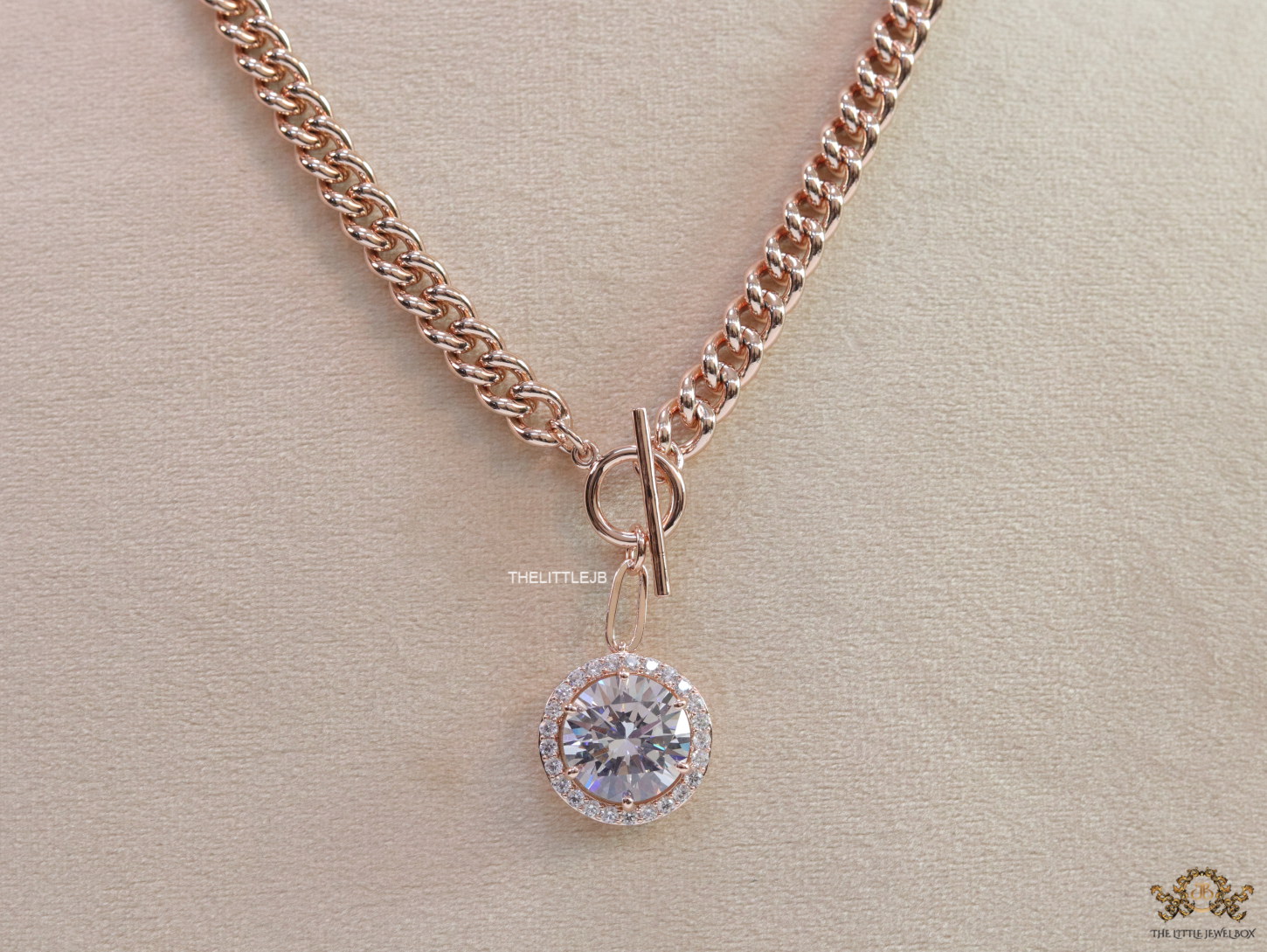 Rose gold plated thick link chain necklace with Big 14 mm round cz pendant