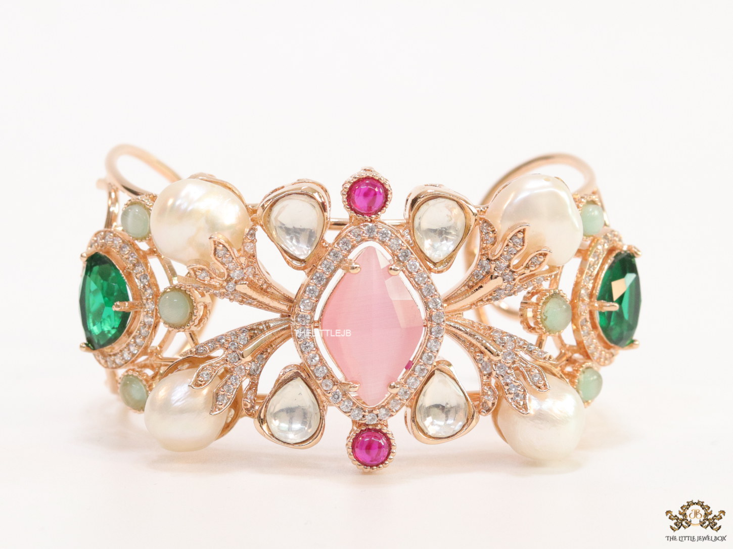 Exclusive pearl and cz bracelet in platinum finish with sapphire blue and soft grey stones - Image 2