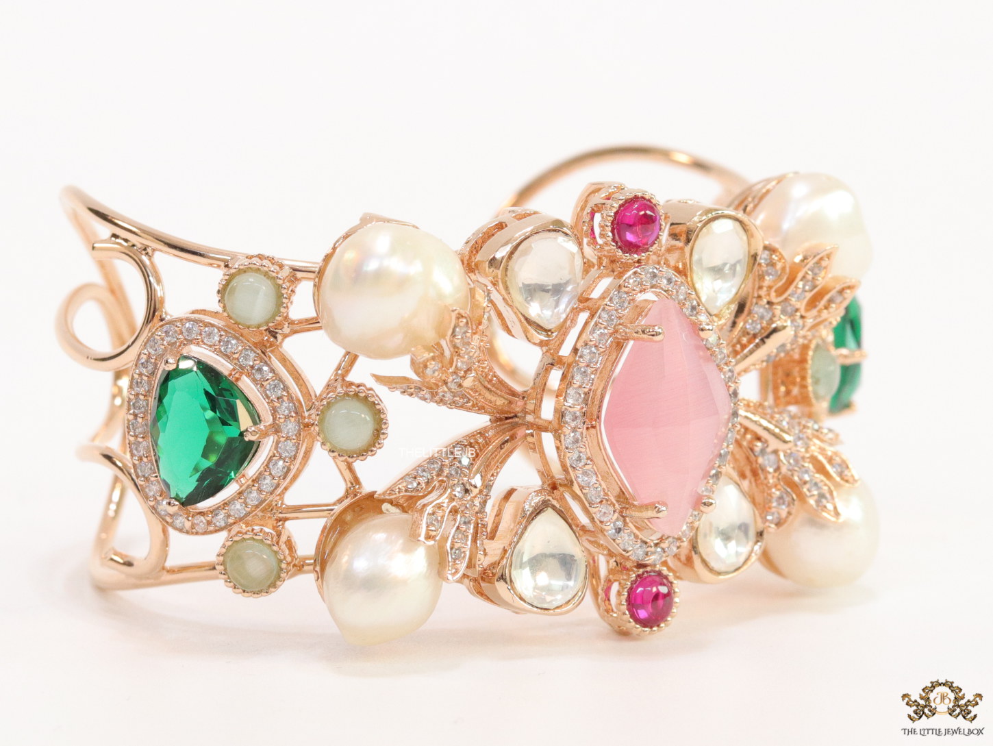 Exclusive pearl and cz bracelet in platinum finish with sapphire blue and soft grey stones - Image 3