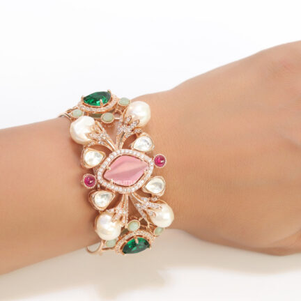 b27 Exclusive pearl and cz bracelet in platinum finish with sapphire blue and soft grey stones