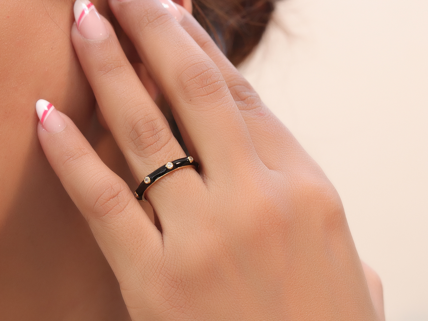 Simple black enamel open ring with cz