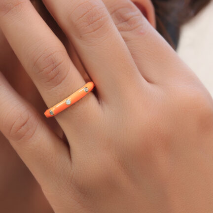 r16 Simple orange enamel open ring with cz
